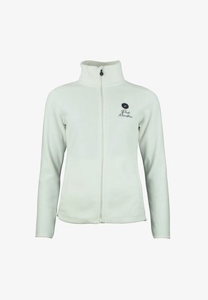 Chaqueta de forro polar blanca con cuello alto, cremallera completa y dos bolsillos laterales. Detalles con logo en el pecho izquierdo. Textura suave.