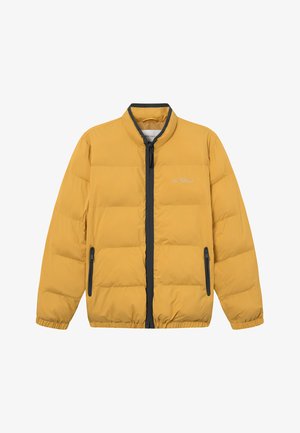 Geltonas pūkuotas švarkas su aukštu apykakle, priekiniais užtrauktukais ir dviem šoninėmis kišenėmis su tamsiais akcentais. Lygaus paviršiaus ir pasiūtas dizainas.