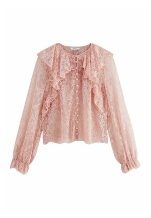 Spitzenbluse in sanftem Rosa, mit langen Ärmeln und elastischen Bündchen, gerafftem Vorderteil und Knopfverschluss, die ein zartes Blumenmuster präsentiert.