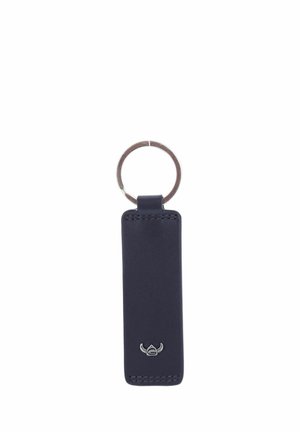 Porte-clés rectangulaire en cuir noir avec anneau métallique argenté et petit logo argenté à cornes en bas au centre.