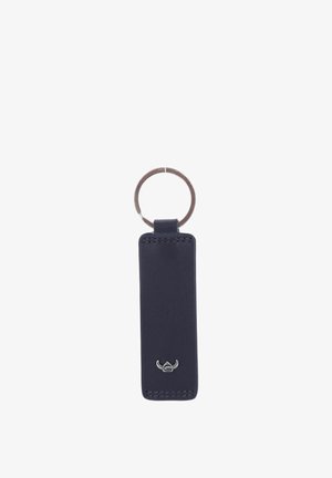 Porte-clés rectangulaire en cuir noir avec anneau métallique argenté et petit logo argenté à cornes en bas au centre.