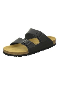 Black two-strap sandal made of synthetic material with adjustable buckles, cork footbed, and textured rubber sole for grip.