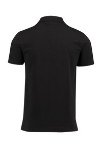 Polo noir à manches courtes avec un col classique, une texture lisse et une coupe régulière, sans logo ni motif visible.
