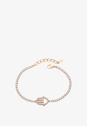 Arany színű karkötő, kéz alakú medállal, amelyet tiszta kristályok díszítenek. Elegáns dizájn, biztonságos homár csattal és állítható lánccal.