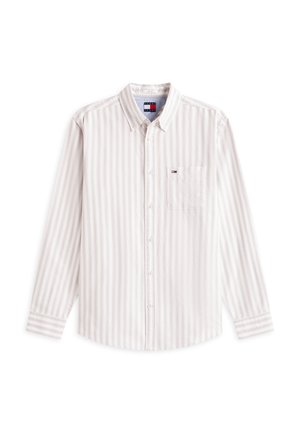 Weißes und hellgraues, vertikal gestreiftes Langarmhemd mit Brusttasche und kleinem Logo auf der Tasche, mit Kragenknöpfen.