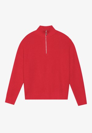 Red, ribbed knit sweater with a high collar and short zip closure. Features long sleeves and a relaxed fit for comfort.