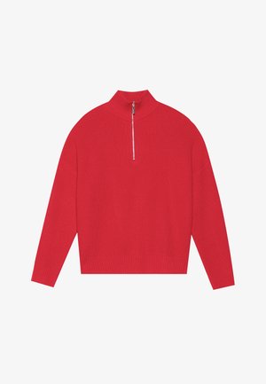Pull en maille côtelée rouge avec un col haut et une fermeture éclair courte. Il présente des manches longues et une coupe décontractée pour plus de confort.