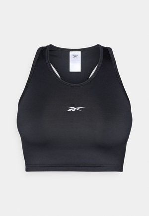 Sujetador deportivo negro hecho de un tejido suave y elástico. Presenta un escote alto, diseño de espalda nadadora y un pequeño logo blanco en la parte frontal.