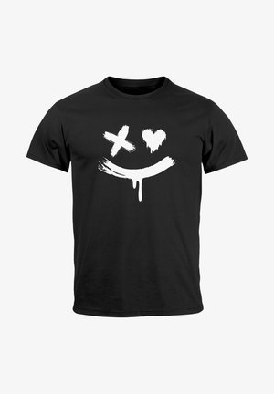 Schwarzes Baumwoll-T-Shirt mit einem weißen Grafikdesign, das ein Smiley-Gesicht, einen Stern und ein Herz zeigt, alles in einer malerischen Textur gestaltet.