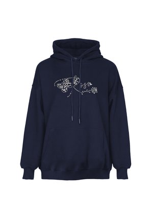 Felpa con cappuccio blu navy con tasca frontale e coulisse, decorata con un disegno di farfalla e fiore fatto di piccoli puntini bianchi sul petto.