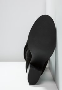 Chaussure à talon haut en daim noir avec une semelle en caoutchouc texturée et un talon effilé, posée sur un fond blanc.