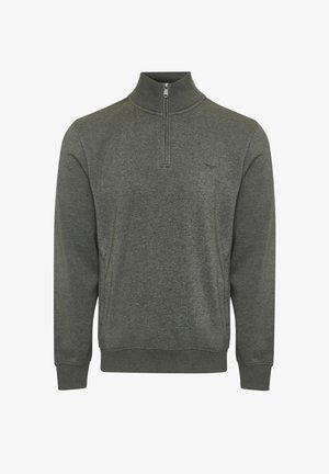 Donkergroene sweatpullover met kwartrits, lange mouwen, geribbelde manchetten en zoom, en een klein geborduurd logo op de borst.