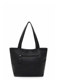 Black leather tote bag with a structured shape, featuring two long handles and a front zip pocket for additional storage.