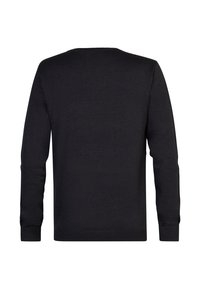 Black sweater featuring long sleeves, a crew neck, and a smooth texture, with ribbed cuffs and hem for a fitted silhouette.