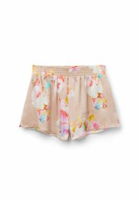 Beige satijnen shorts met bloemenprint. Kenmerkt levendige bloempatronen in roze, blauw en geel. Aansluitende taille en een losse pasvorm.