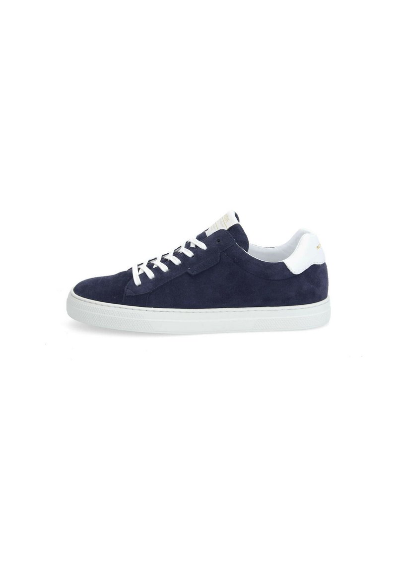 Navy suede sneakers with white sole and heel accent. Features white laces and a minimalistic design with stitched detailing.