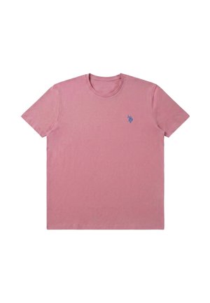 Maglietta semplice rosa polveroso a maniche corte con scollo rotondo e piccolo logo blu ricamato sul petto sinistro.