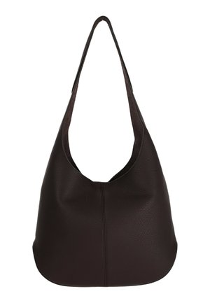 Donkerbruine leren hobo-tas met een korrelige structuur en een brede enkele schouderriem, met minimale stiksels in het midden.