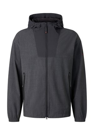 Dunkelgraue Kapuzenjacke mit durchgehendem Reißverschluss vorne, seitlichen Reißverschlusstaschen, elastischen Bündchen und kontrastierendem schwarzem Einsatz über Brust und Kapuze.