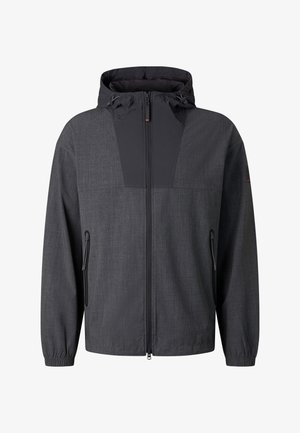 Donkergrijze gewatteerde jas met capuchon, voorrits, ritssluitingen op de zijzakken, elastische manchetten en een contrasterend zwart paneel over de borst en capuchon.