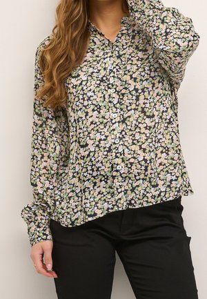 Camicia a maniche lunghe con bottoni in tessuto nero con un motivo floreale in rosa pastello, blu e verde. Caratterizzata da colletto e vestibilità comoda.