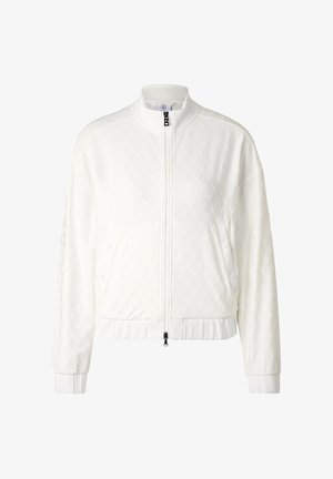 Witte doorgestikte jas met ritssluiting en opstaande kraag, zijzakken met drukknopen, geribde boorden en zoom, met subtiel diamantmotief.