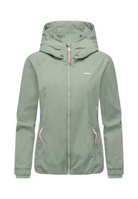 Jasnozielona kurtka przeciwwiatrowa z kapturem, zapinana na zamek z przodu, z bocznymi kieszeniami. Posiada elastyczne mankiety i gładką teksturę.