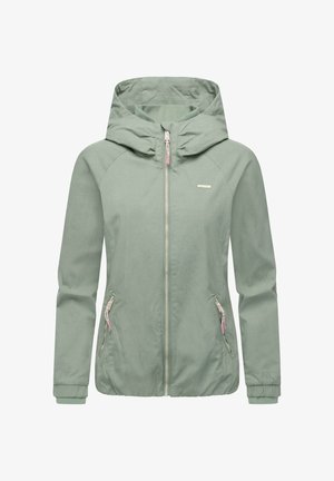 Jasnozielona kurtka przeciwwiatrowa z kapturem, zapinana na zamek z przodu, z bocznymi kieszeniami. Posiada elastyczne mankiety i gładką teksturę.