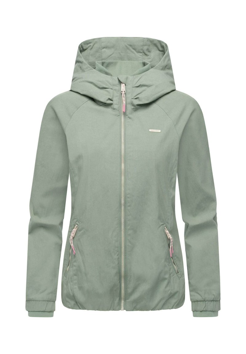 Jasnozielona kurtka przeciwwiatrowa z kapturem, zapinana na zamek z przodu, z bocznymi kieszeniami. Posiada elastyczne mankiety i gładką teksturę.