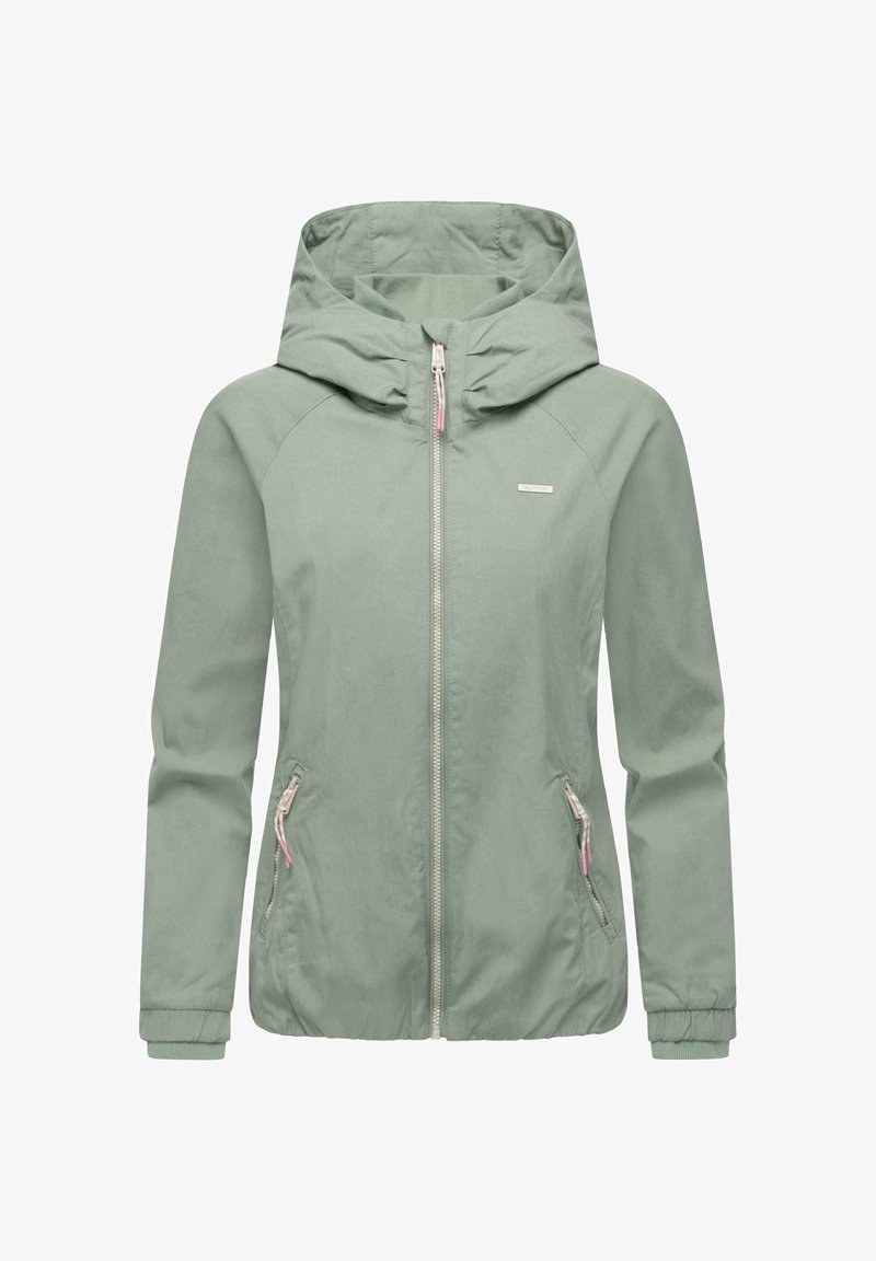 Jasnozielona kurtka przeciwwiatrowa z kapturem, zapinana na zamek z przodu, z bocznymi kieszeniami. Posiada elastyczne mankiety i gładką teksturę.