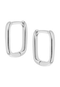 Srebrne prostokątne kolczyki z zaokrąglonymi rogami, o gładkiej, błyszczącej powierzchni i minimalistycznym designie.