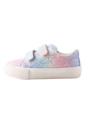 Baskets scintillantes en dégradé rose, bleu et violet avec semelle en caoutchouc blanche. Elles présentent deux bandes auto-agrippantes pour unEnfilage facile.