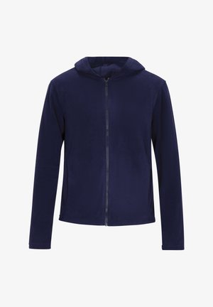 Hanorac cu fermoar de culoare bleumarin, din fleece, cu glugă, mâneci lungi și fermoar frontal. Textură netedă, design minimalist, fără logo-uri sau modele vizibile.