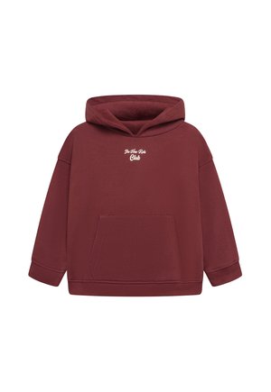 Bordeaux hoodie met voorzak en witte tekst "The New Kids Club" op de borst.