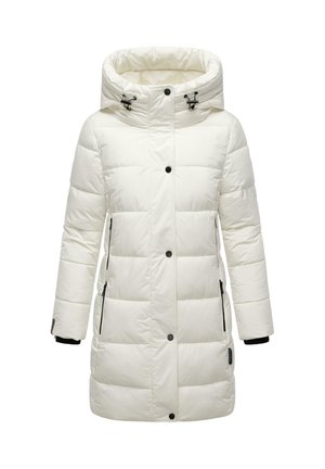 Manteau en duvet blanc avec capuche zippée, accents noirs et fermeture à boutons sur le devant. Comprend des panneaux cousus et des poignets élastiques pour plus de chaleur.