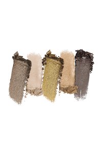 Cinque strisce orizzontali di ombretto in marrone, beige, oro, beige scuro e grigio scuro su sfondo bianco.