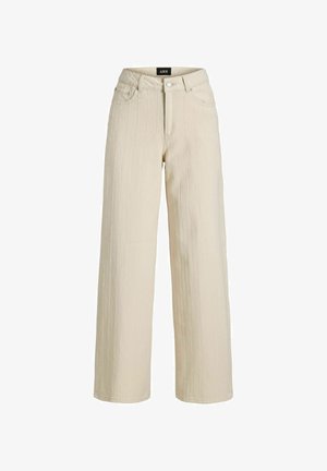 Béžové široké kalhoty s vertikálními švovými detaily, předním zapínáním na knoflík, zipem a pěti kapsami, s označením JJXX na pase.