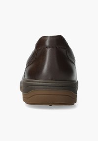 Brown leather shoe seen from the back, featuring a rounded heel, slim design, and textured sole with a contrasting light brown accent.
