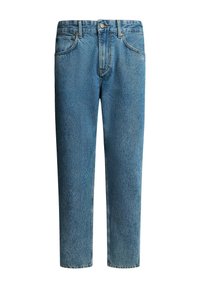 Jeans de mezclilla azul con un diseño de pierna recta, cinco bolsillos, cierre de botón y cremallera, y un sutil desvanecimiento a lo largo de la tela.