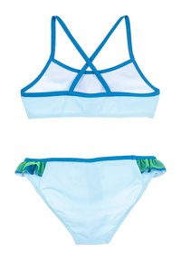 Bikini w jasnoniebieskim kolorze, z topem na krzyż i falbankami po bokach majtek. Wykonany z gładkiego, elastycznego materiału.