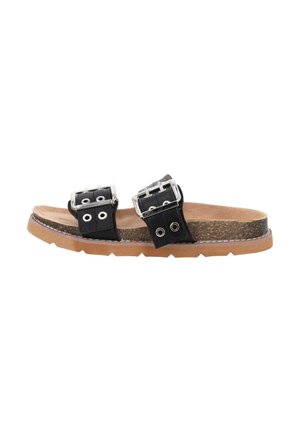 Black sandals with two wide straps featuring silver buckle accents. Cork footbed and textured brown sole with a light tan edge.
