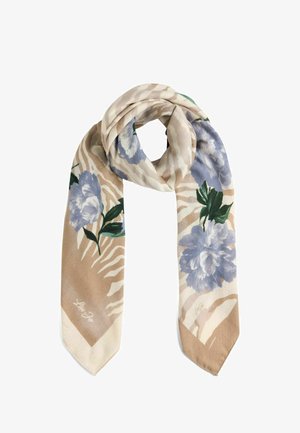 Svila s cvetnim vzorcem z modrimi cvetovi na bež ozadju z zebrastripi; vključuje končnico v obliko klina in subtilno znanilko.