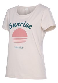 Camiseta de algodón beige claro con mangas cortas. Presenta el texto verde "Amanecer" sobre un gráfico de sol rosa con líneas horizontales, y texto azul debajo.