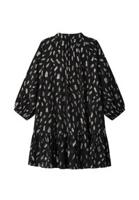 Vestido negro con mangas largas, cuello fruncido, dobladillo en capas y un patrón plateado en forma de hoja sobre una tela texturizada.