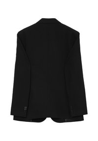 Schwarzer Blazer mit strukturiertem Design, ausgestattet mit einem Reverskragen, langen Ärmeln und doppelt geknöpften Manschetten. Textil mit strukturierter Oberfläche und glatter Haptik.