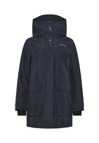 Navy blue waterproof jacket with a hood, front zipper covered by a button flap, two large front pockets, and Didriksons logo on chest.