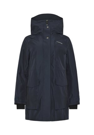 Marineblaue wasserdichte Jacke mit Kapuze, vorderem Reißverschluss, der mit einer Knopfklappe abgedeckt ist, zwei großen Fronttaschen und dem Didriksons-Logo auf der Brust.