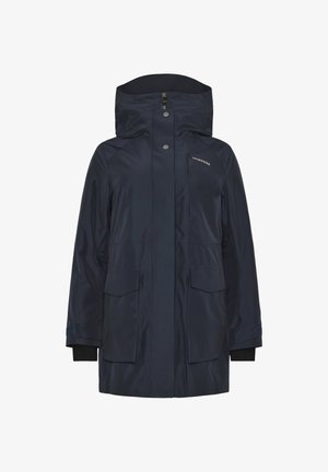 Granatowa wodoodporna kurtka z kapturem, z przodem zapinanym na zamek ukryty pod klapką na guziki, dwiema dużymi kieszeniami z przodu oraz logo Didriksons na piersi.