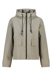 Veste imperméable gris clair avec fermeture éclair à l'avant, capuche réglable, deux poches avant et accents noirs sur la fermeture éclair et les cordons de serrage.