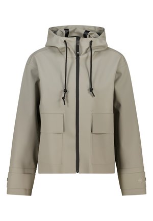 Giacca impermeabile grigia chiara con zip frontale, cappuccio regolabile, due tasche frontali e dettagli neri sulla zip e sui lacci di regolazione.